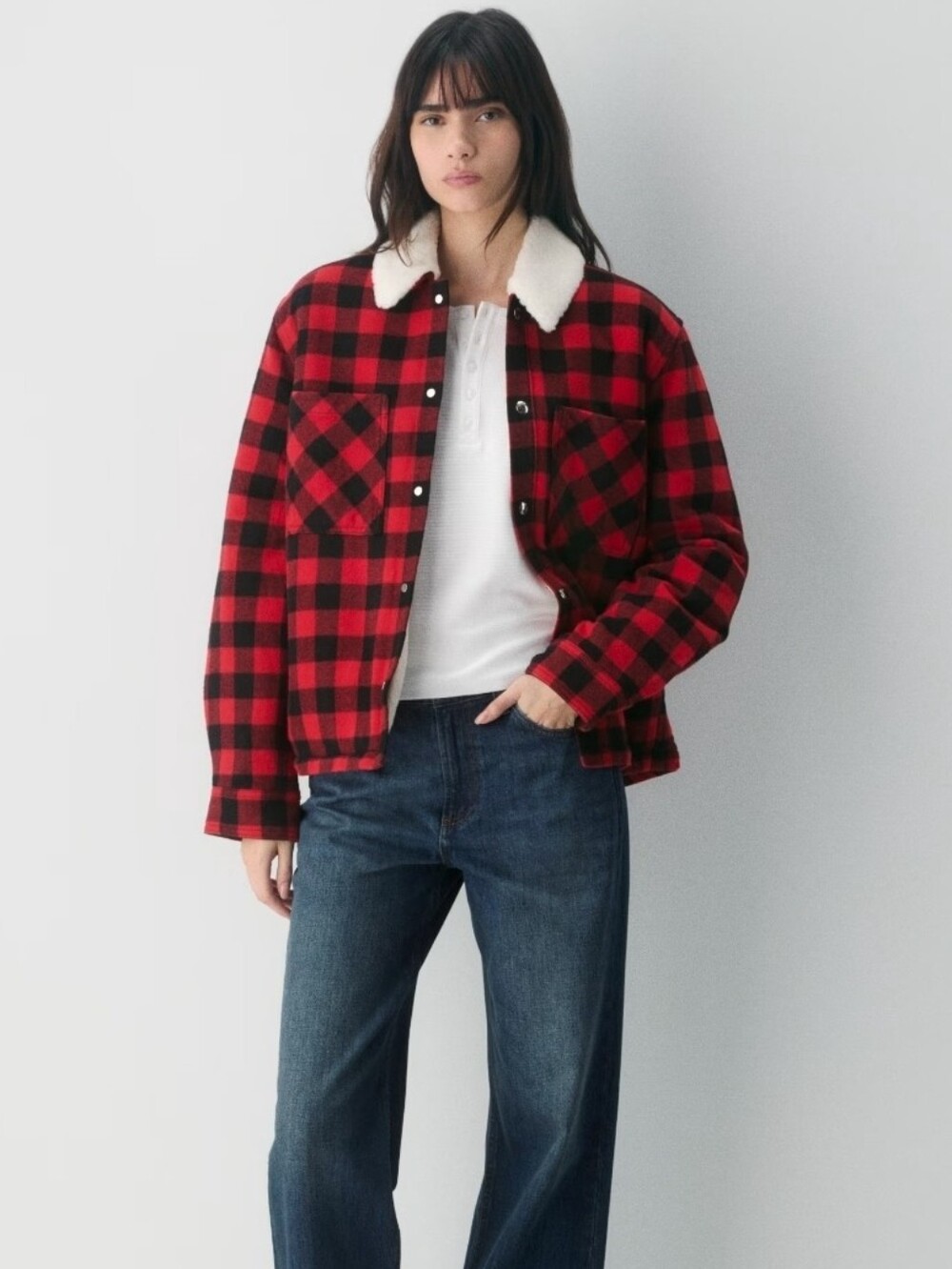 Sezane Red and Black Plaid Sherpa-Trim Jacket